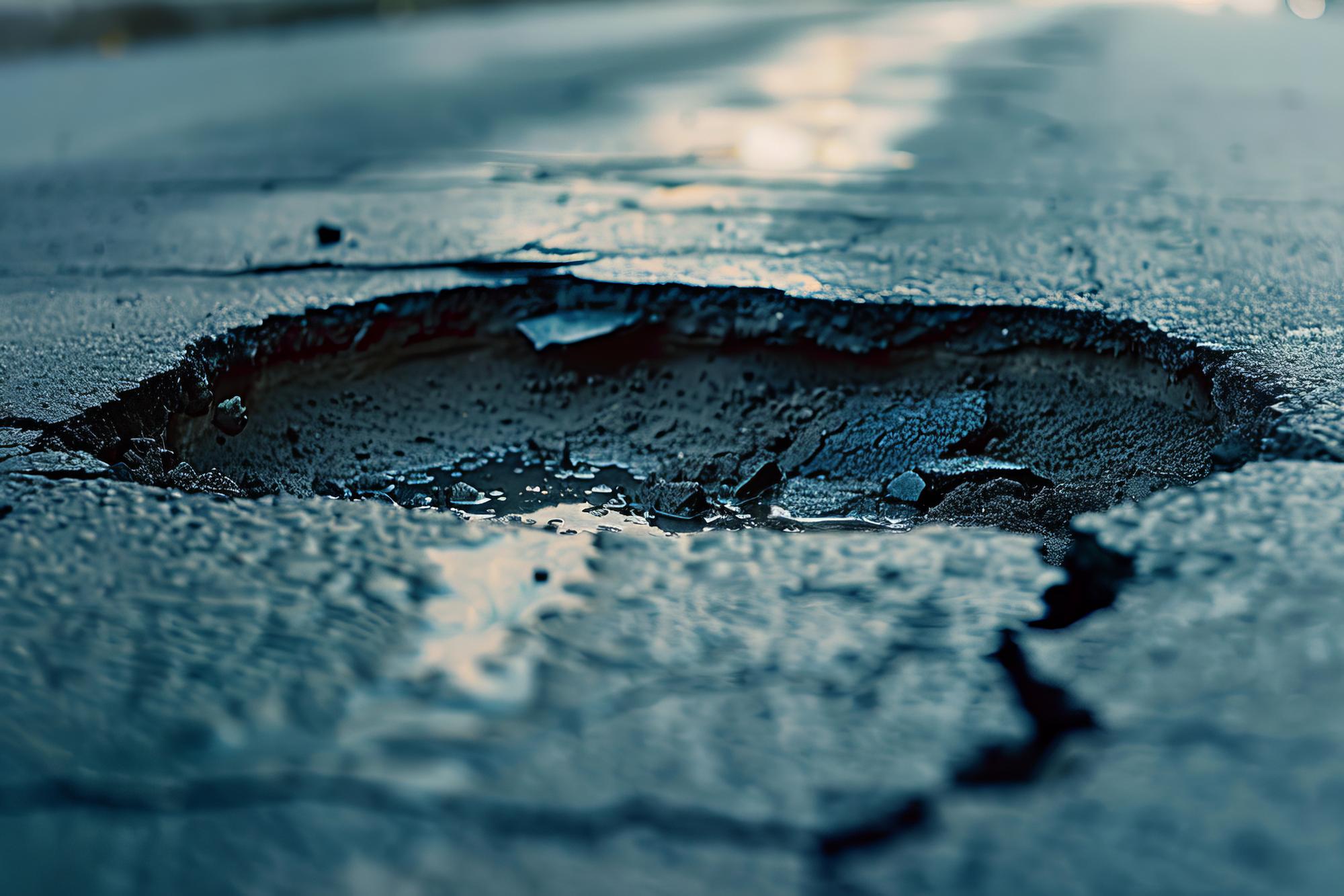 Deep pothole filled with water on a Sacramento, California roadway
